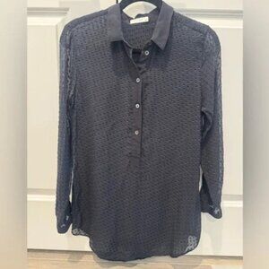 Equipment Black Button Down. Sheer with velvet small dot pattern. Slightly longe